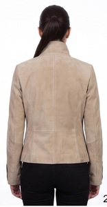 Wholesale Women Beige <b>Suede</b> <b>Jacket</b> Double Breasted Coat Custom Rainbow Zip Trim Stand Collar Outerwear Supplier - Product Image 3