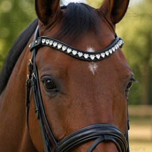 Diadema de Cuero Negro Premium para Caballo con Cristales de Corazón – Elegante Accesorio Ecuestre para Montar y Exhibiciones - Product Image 1
