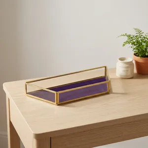 Modern Rectangle <b>Glass</b> Storage Tray with Brass Frame and Purple Base for <b>Desk</b> and Vanity Jewelry Organization Home Decor - Product Image 3