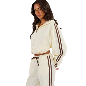 Womens Cropped Full <b>Zip</b> Hooded Tracksuit Set Contrast <b>Side</b> Stripe Wide Leg <b>Trousers</b> Loose Fit Two Piece Streetwear Lounge Outfit - Product Image 6