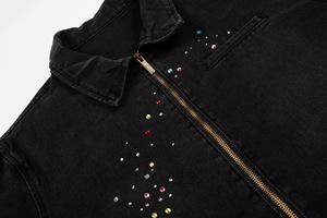 Unisex Trendy Punk Washed Denim <b>Jacket</b> Colorful <b>Rhinestone</b> Design Covered Button Closure Regular Length Eco-Friendly Breathable - Product Image 4