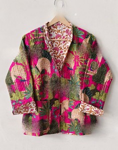 Handmade Pink Cotton Quilted Embroidery Eco-Friendly Women Lightweight Breathable Bohemian Kantha Style Long Sleeve <b>Blazer</b> - Product Image 5