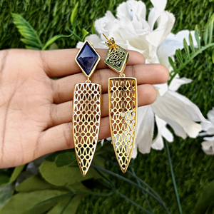 Statement <b>earrings</b> sodalite turquoise black onyx designer <b>earring</b> gold plated filigree design kite shape gemstone dangle <b>earring</b> - Product Image 6