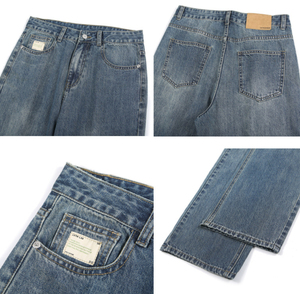Jean long vintage pour femme, coupe droite ample, en denim brodé respirant, délavage moyen, style urbain, pour adolescentes - Product Image 5