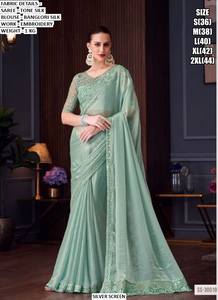 Teal <b>Green</b> Chiffon <b>Silk</b> Embroidered <b>Blouse</b> Traditional Designer Saree Moisture Wicking Wrinkle Free Features for Wedding/Party - Product Image 4