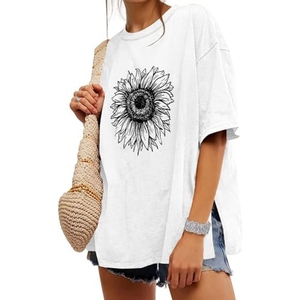 Women's White Cotton T-Shirt With <strong>Sunflower</strong> Print Loose Fit O-Neck Short Sleeve Casual Summer <strong>Top</strong> - Product Image 1