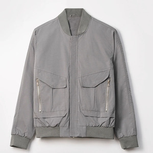 Men's Gray Bomber <b>Jacket</b> Casual <b>Zipper</b> Stand Collar Regular Fit Polyester Outerwear Autumn Wear - Product Image 1