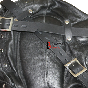 Capucha de cuero de vaca para privación sensorial con cremallera y correas ajustables - Product Image 4