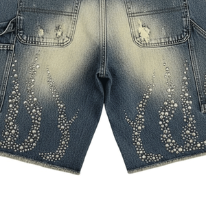 2026 New Arrival <b>Men's</b> Vintage Rhinestone Baggy Denim Shorts Distressed Hand-<b>Studded</b> Y2K Streetwear Casual Summer Jeans - Product Image 6