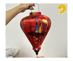 Hoi An Silk Lantern Vibrant Red Garlic Shape Hoi An Silk Lantern with Ao Dai <b>Pattern</b> Hanging Lucky Red Silk Lantern Satin - Product Image 1