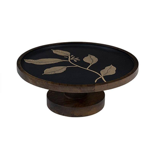 Support à gâteau en bois foncé avec motif de feuille incrusté, élégant plateau de service conçu pour des présentations de desserts luxueuses et stylées - Product Image 2