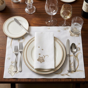 Custom Wholesale Handmade Luxury Traditional Embroidered Gold Leaves White 100% Linen Placemat Napkin Sets Washable Mats - Product Image 1