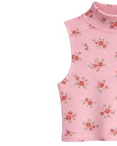 Débardeur court côtelé personnalisé à col montant sans manches avec petit imprimé floral pour femme, coupe ajustée, extensible, décontracté, tendance été - Product Image 2