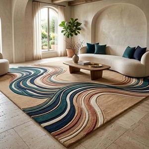 Alfombra Moderna Abstracta con Diseño de Olas, Multicolor, Contemporánea, Suave, Afelpada y con Mechones, para Sala de Estar, Dormitorio, Oficina, Decoración del Hogar - Product Image 1