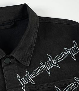 Veste en jean noire pour homme avec broderie fil barbelé, col rabattu, manches classiques, style streetwear, pour l'automne, avec strass, modèle pull-over - Product Image 6