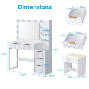 5-Drawer 2-Shelf Dressing Table Set White Particleboard Melamine Finish 11 Three-Tone Light Bulbs Power Strip Makeup Vanities - Product Image 4
