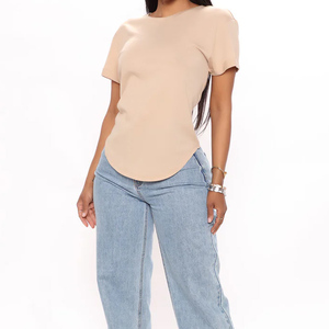 T-shirt en jersey modal 100% coton uni à ourlet incurvé pour femme, col ras du cou, manches courtes, coupe décontractée, idéal pour l'été - Product Image 5