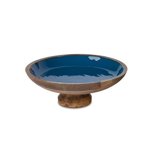 Bol à pieds en bois de manguier naturel avec laque turquoise, sûr pour les aliments, plat de service rond pour salade, bol décoratif en bois durable pour le salon - Product Image 1