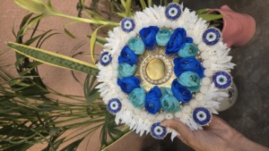 Handcrafted Evil Eye Floral Tea Light Candle Holder with Blue and Teal Roses <b>White</b> Feathers and Intricate Beadwork - Product Image 2