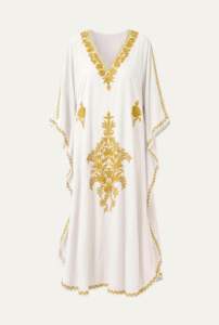 White Boho Woven Eco-Friendly 100% Cotton <b>Dress</b> <b>Gold</b> Lotus Embroidery Three Quarter Sleeve Modern Fit Asymmetrical Hem Summer - Product Image 2