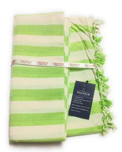 Green Striped Cotton Bath Towel with Tassel Fringe Soft Lightweight Quick Dry Multipurpose Travel Beach Towel India - Product Image 1