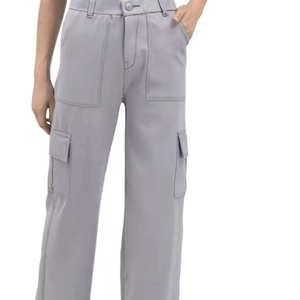 Pantalon cargo taille haute gris uni en toile pour femme, coupe décontractée longueur cheville avec poches, style printemps - Product Image 2