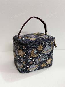 Beaded Cosmetic <b>Case</b> With Star Planet Pattern Zipper Closure Soft Handle Medium Size Bohemian Style <b>Makeup</b> Bag - Product Image 1