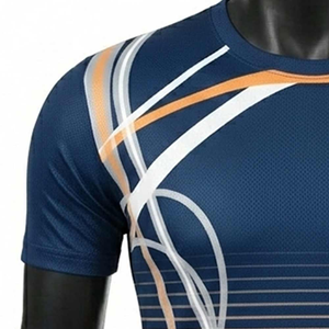 Camiseta de Manga Corta para Hombre, Cuello Redondo, Color Azul Marino, Patrón Geométrico, Secado Rápido, Tejido Deportivo, Corte Ajustado, Largo Regular - Product Image 5