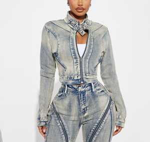 Chaqueta vaquera para mujer, estilo moto, con aberturas y cremallera, corte regular, abrigo de moda para primavera - Product Image 1