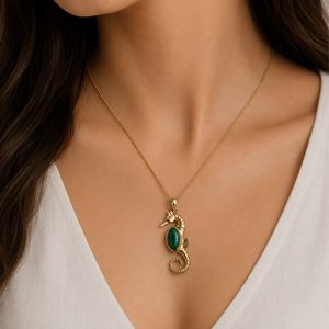 Natural <b>Malachite</b> Seahorse Pendant Gold Tone Brass Ocean Inspired Handmade Designer Gemstone Jewelry Unique Gift for Women - Product Image 5