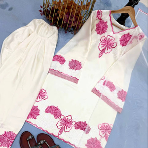 Ensemble prêt-à-porter moderne de créateur pour femme, haut, pantalon et dupatta en satin de verre pur, broderie riche, haute qualité - Product Image 1