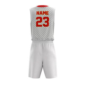 Uniforme de basket-ball personnalisé de haute qualité, blanc et rouge, imprimé géométrique, col en V, sans manches, sublimé, respirant, uniforme unisexe pour adultes - Product Image 2