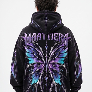 Sweat-shirt à capuche MAATTIERRA noir et violet avec motifs cosmiques abstraits, coupe oversize en polaire, style streetwear, vente en gros - Product Image 2