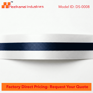 ริบบิ้นผ้าซาตินสีขาวขนาด 25 มม. ลายทางตรงกลางสีกรมท่า สำหรับห่อของขวัญ การ์ดเชิญ บรรจุภัณฑ์ตกแต่ง และจัดดอกไม้ ขายส่ง - Product Image 4