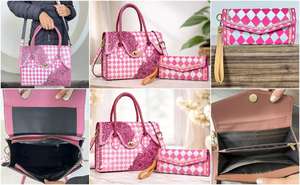 Ensemble de 2 pièces assorti : Sac fourre-tout en cuir à carreaux rose et blanc de luxe 2026 et pochette à main en cuir de vache travaillé à la main - Product Image 3