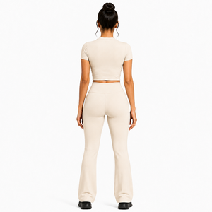 Wholesale Women’s Yoga Set Cream Crop T Shirt Flare <b>Leggings</b> High Waist Two Piece Activewear <b>Pilates</b> Workout High Waist Gym Suit - Product Image 2