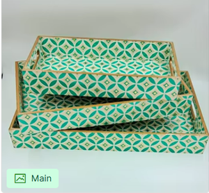 Ensemble de plateaux gigognes de luxe faits à la main en émail vert à motif géométrique, élégant et moderne, avec poignées, pour service rectangulaire - Product Image 3