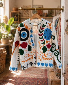 Chaqueta de Algodón Bordada a Mano Sujani para Mujer, Diseño Multicolor de Ojo Turco, Acolchada, Estilo Étnico Boho, Exportación, 160g - Product Image 1
