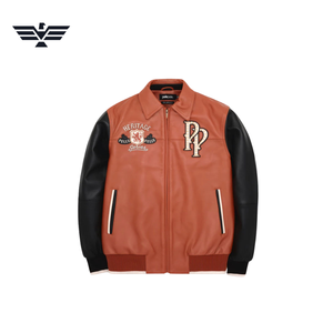 Veste universitaire en cuir PU orange pour homme EMPIRE TREND WEARS, logo brodé, doublure en laine coupe-vent, fermeture éclair, col montant - Product Image 1