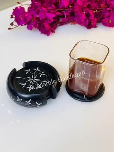 Handcrafted Marble Soapstone <b>Coaster</b> Set of 6 with Religious Style Holder and Circular Pattern - Product Image 3