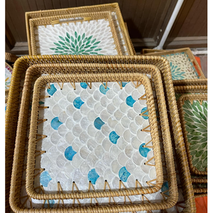 Plateau en rotin tressé écologique avec artisanat en nacre - Product Image 3