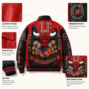 Veste universitaire rouge en PU pour homme, avec logo de taureau brodé, col rabattu, vêtement d'extérieur décontracté pour l'automne - Product Image 3