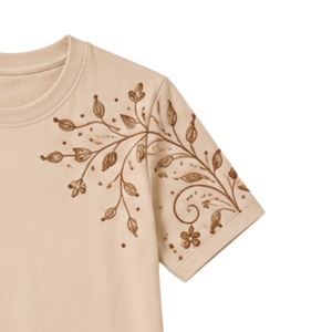 เสื้อยืดคอกลมสีเบจสำหรับผู้หญิง ลายปักดอกไม้สีน้ำตาล ผ้าฝ้าย แขนสั้น สไตล์ลำลอง รับผลิตตามแบบ OEM คุณภาพพรีเมียม แฟชั่นฤดูร้อน - Product Image 5