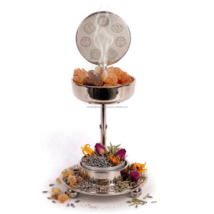 Brûleur d'encens en métal réglable en hauteur avec bol amovible et gravure des 7 chakras en argent - Product Image 1