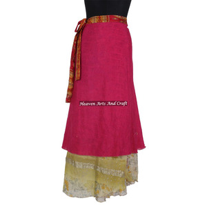 Adults Age Group Tight <b>Wrap</b> Around Skirt 2 Layer Reversible Magic Silk Saris <b>Wrap</b> Long Skirt <b>Sarong</b> Reversible Vintage Sari - Product Image 3