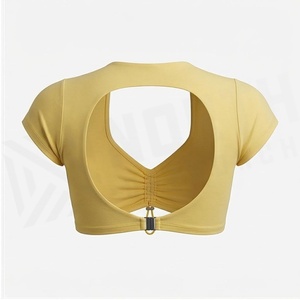 Top Corto Amarillo con Volantes North Approach, Cuello en V Profundo, Manga Corta, Cierre con Cordón, Ropa de Yoga sin Costuras - Product Image 2