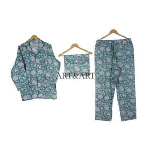 Ensemble de pyjama pour femmes en coton imprimé numérique à fleurs, 100% coton, taille élastique, manches longues, style vintage, fabrication artisanale indienne - Product Image 6