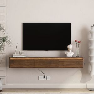 Supporto TV da Parete per Soggiorno, Mobile Sospeso in Legno con Luci LED e Presa di Corrente - Product Image 1