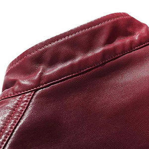 Custom Crimson Red <b>Faux</b> <b>Leather</b> Motorcycle <b>Jacket</b> <b>Men</b> Zip Pockets Stand Collar Wholesale Bulk OEM Private Label USA Buyers Top - Product Image 5