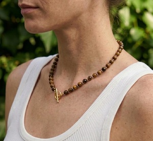 Wholesale AA Grade 6mm Natural Tiger Eye Beaded Choker 14K Gold Toggle Clasp Real Gemstone Healing Crystal <b>Necklace</b> for Women - Product Image 3